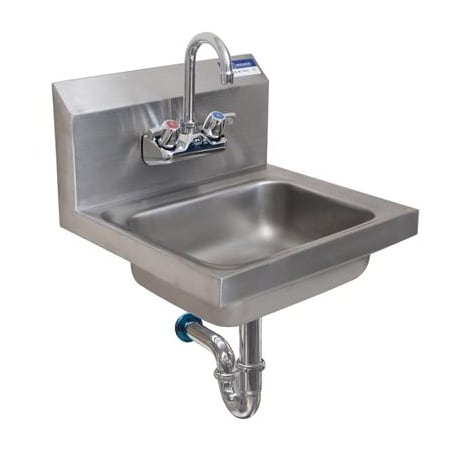 Bk Resources Hand Sink Stainless Steel W/ Faucet, P-Trap, 2 Holes 14 in x10 in x5 in BKHS-W-1410-PT-G